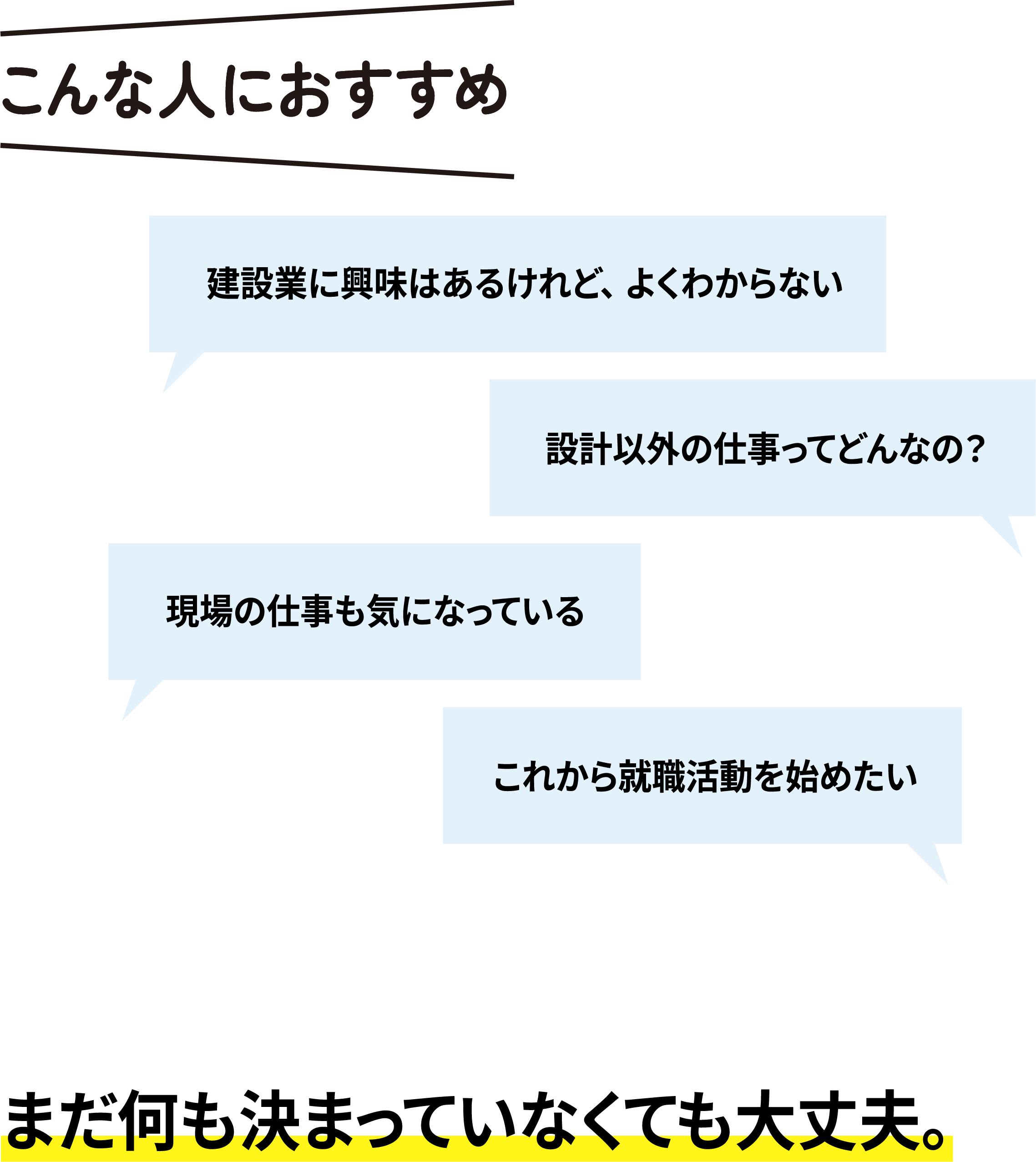 こんな人におすすめ：建設業の全体像がつかめる、自分に合う仕事が見える、企業の人と直接話せる